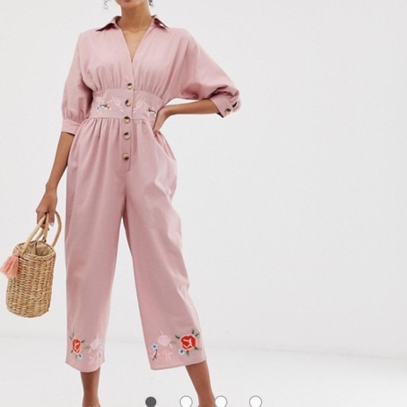 ASOS Embroidered Tea Linen Jumpsuit - Picture 1 of 12